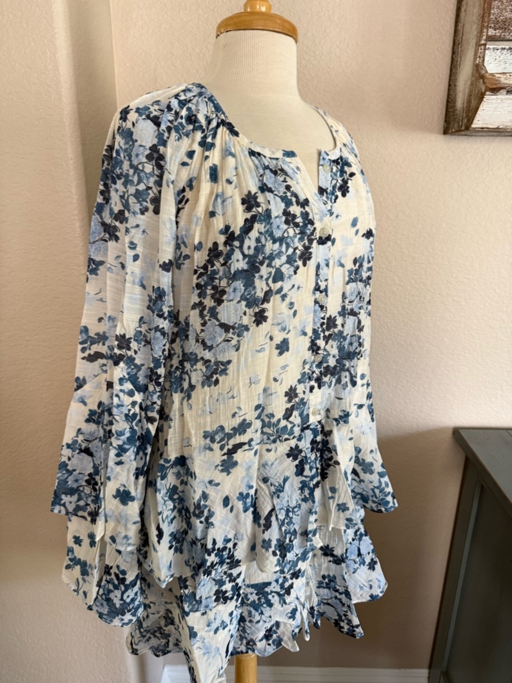 NWOT Maeve By Anthropologie Long-Sleeve V-Neck Mini Swing Dress Blue White Sz 2X - Picture 11 of 16